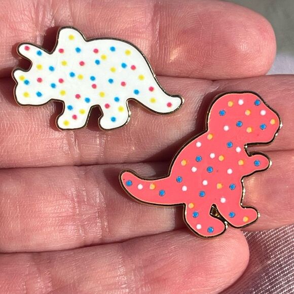 Dinosaur Frosted Animal Cookies Set of 2 Pink and White Enamel Pins - Picture 4 of 9